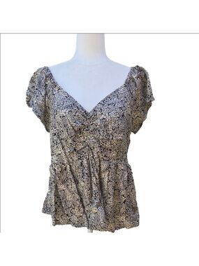 Floral Black and Cream Women's Top Ruffle Vneck Boho L